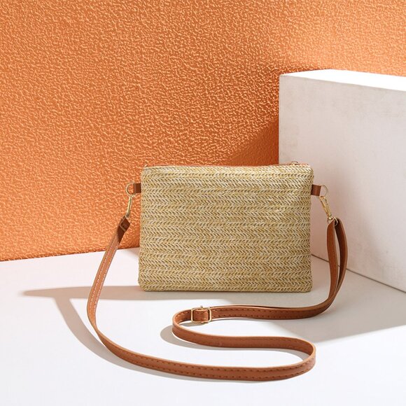 2/$30 Woven Beige and Brown Cross-Body Bag Leather Trim Purse Bow Pearl Charm - Picture 8 of 8